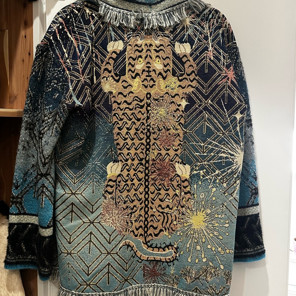 Boho Tiger Jacquard Fringe Cardigan - Blue Multi